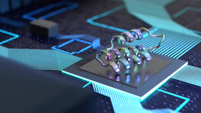 An artist’s depiction of a protein structure emerging from a computer chip.