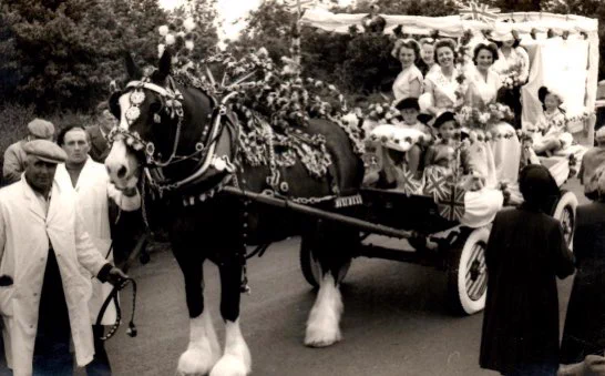 A horse drawn coronation float.