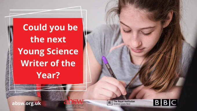 A young woman writes with pen on paper. Text reads: could you be the next young science writer of the year?