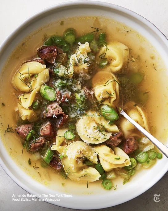 A brothy soup containing chicken sausage, delicate tortellini, fennel and green vegetables. Photo: Armando Rafael for The New York Times. Food Stylist. Mariana Velásquez.