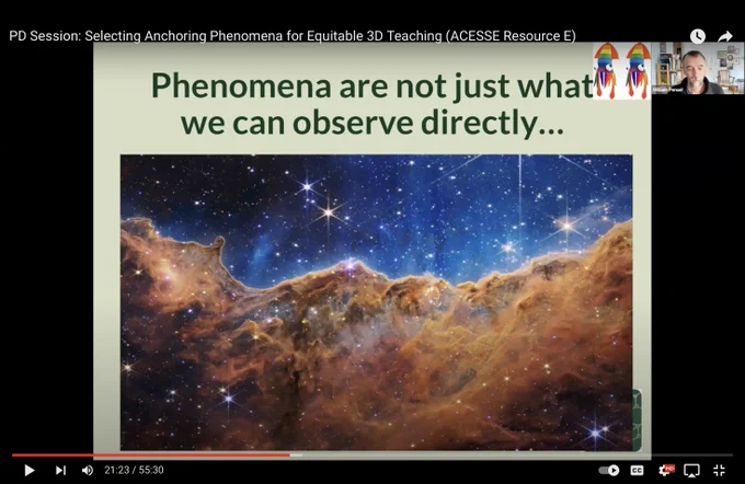 Screenshot of slide: 

Phenomena are not just what we can observe directly... 

There is a beautiful image in blues and brown hues from the JWST telescope.


This landscape of “mountains” and “valleys” speckled with glittering stars is actually the edge of a nearby, young, star-forming region called NGC 3324 in the Carina Nebula. Captured in infrared light by NASA’s new James Webb Space Telescope, this image reveals for the first time previously invisible areas of star birth.

https://www.nasa.gov/webbfirstimages