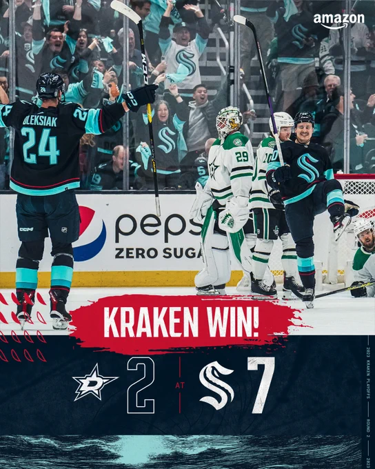 final win graphic with celly photo of tolvy

7-2, kraken who now lead the series 2-1