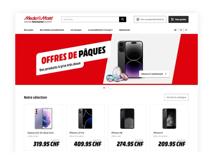 Homepage screenshot of https://refurbished.mediamarkt.ch/ch_fr/