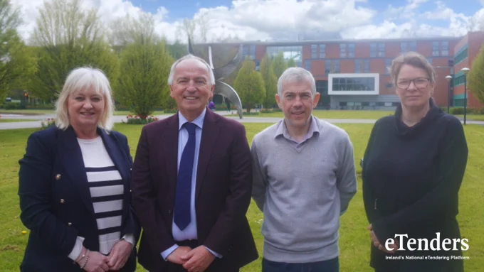 Maria Owens, Category Manager Education, Philip Gurnett, EPS Director and Head of Sourcing Education, Gerry Kennedy, EPS Category Specialist, Mags O’Callaghan, Principal Officer Office of Public Procurement standing together on the University of Limerick Business Campus