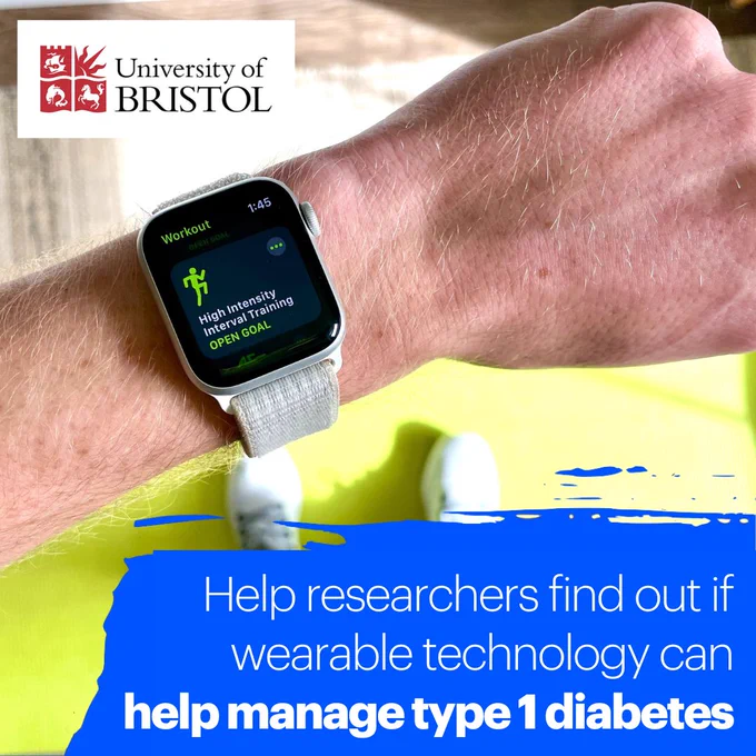 A person wearing a smart watch with the University of Bristol logo and the text 'Help researchers find out if wearable technology can help manage type 1 diabetes'.