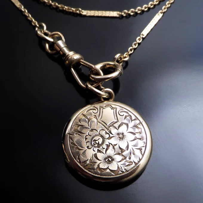 Antique Locket Watch Chain Necklace with Wedding Photographs c.1930's