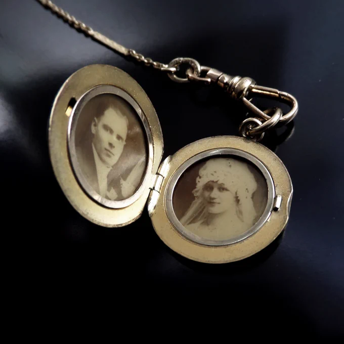 Antique Locket Watch Chain Necklace with Wedding Photographs c.1930's