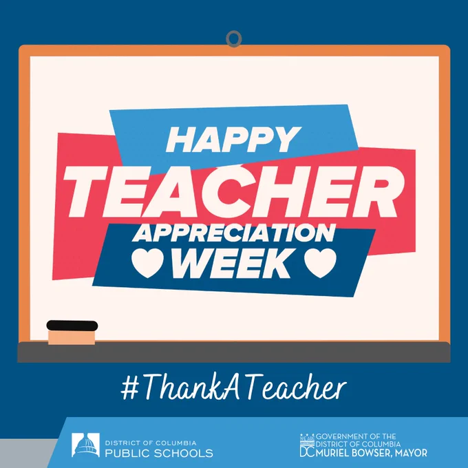 A blue and red graphic of a chalkboard with bold text that reads, "Happy Teacher Appreciation Week" and #ThankATeacher