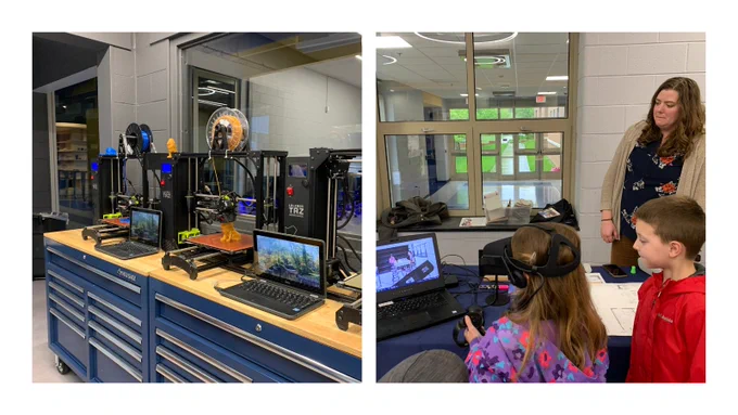Two photos of the New Hope-Solebury Community STEAM expo. The first photo shows a 3D printer making a lion figurine, and the second photo shows a KSS architect watching as two middle-grade students play with the VR headset and talk a virtual walk through the new STEAM wing renovation