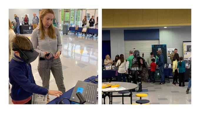two photos of the New Hope-Solebury Community STEAM Expo, showing a KSS architects teaching a middle-grade student how to use our VR headset, and someone dressed up as a Mandalorian walking around the expo