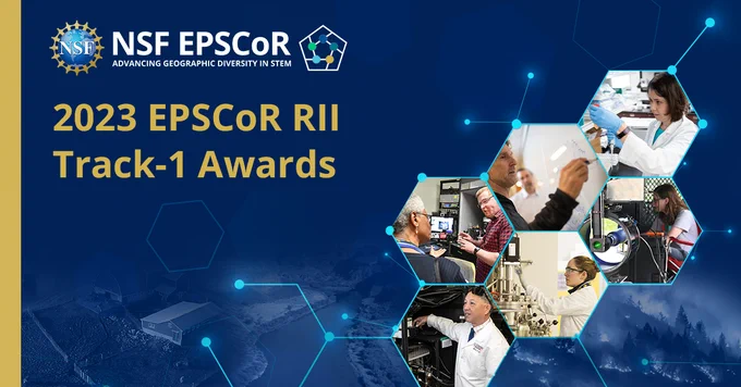 2023 EPSCoR RII Track-1 Awards graphic featuring a collage of photos of people conducting science experiments.