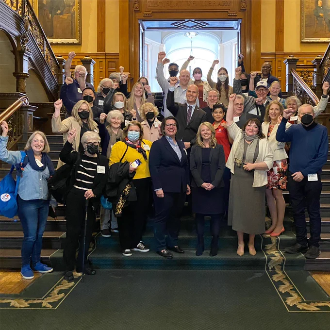 A large crowd gathered on the grand staircase at Queen’s Park with me, MPPs Gélinas and West, and Natalie Mehra from Ontario Health Coalition, Erin Ariss from ONA, and Michael Hurley from CUPE / OCHU.