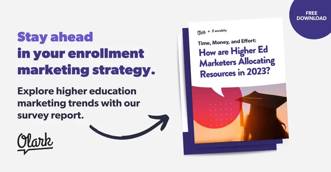 Image of the 2023 Higher Education Marketing Survey Report cover page featuring a purple background with white text. The title of the report is prominently displayed in large font, with smaller text below summarizing the content of the report. A small logo in the corner indicates that this is a partnership between Olark and Enrollify.