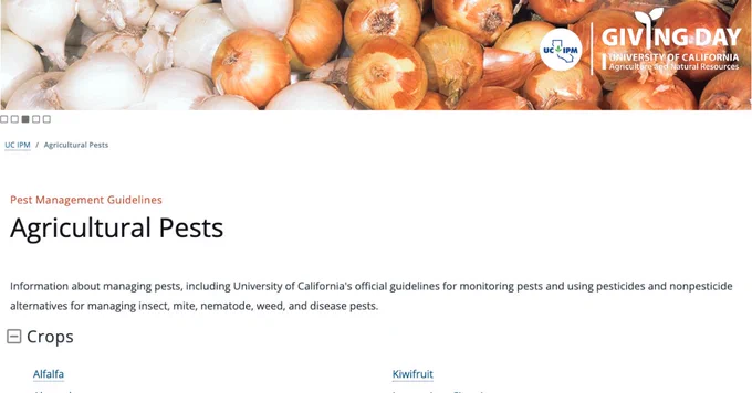 The Pest Management Guidelines menu webpage with onions as the header and a list of 47 crop Guidelines below.