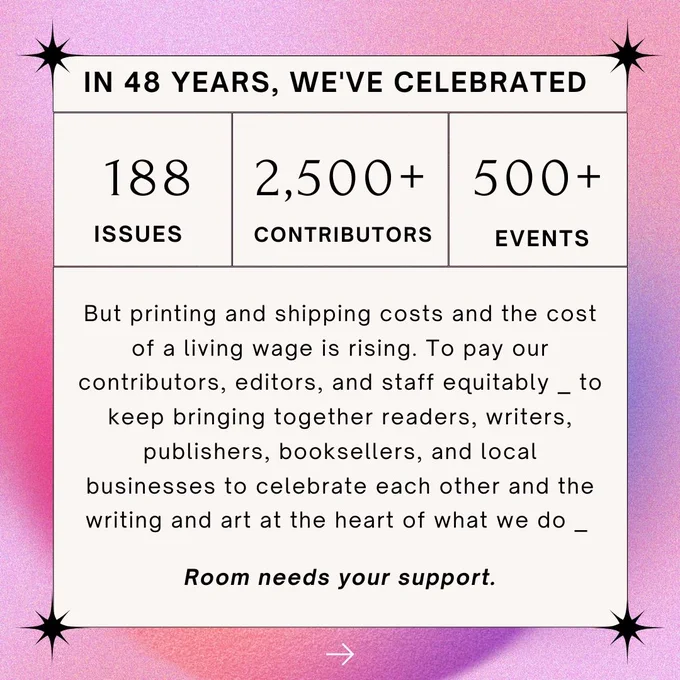Overlaid on a pink gradient background, black text on a cream box reads: In 48 years, we've celebrated 188 issues, 2500  contributors, 500  events. But printing and shipping costs and the cost of a living wage is rising. To pay our contributors, editors, and staff equitably ⎯ to keep bringing together readers, writers, publishers, booksellers, and local businesses to celebrate each other and the writing and art at the heart of what we do ⎯  Room needs your support."
