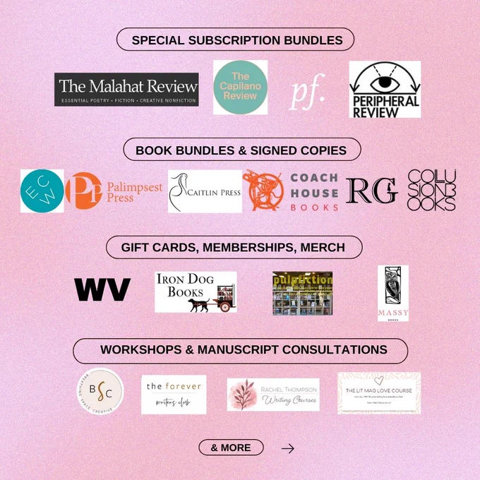 Against a pink gradient background, black text reads: "special subscription bundles," followed by the logos for the Malahat Review, the Calipano Review, Prairie Fire, and the Peripheral Review. Under this, black text reads: "book bundles and signed copies," followed by logos for ECW Press, Palimpsest Press, Caitlin Press, Coach House Books, Rahila's Ghost Press, and Collusion Books. Under this, black text reads, "gift cards, memberships, merch," followed by the logos for Word Vancouver, Iron Dog Books, and Pulp Fiction Books. Under this, Black text reads, "Workshops and manuscript consultations," followed by the logos for the Breathing Space Collective, the Forever Writers Club, Rachel Thompson's Writing Courses, and the Lit Mag Love Course. Under this, black text reads, "& more."