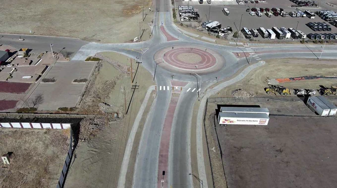 An aerial view of a roundabout at Charter Oak Road.