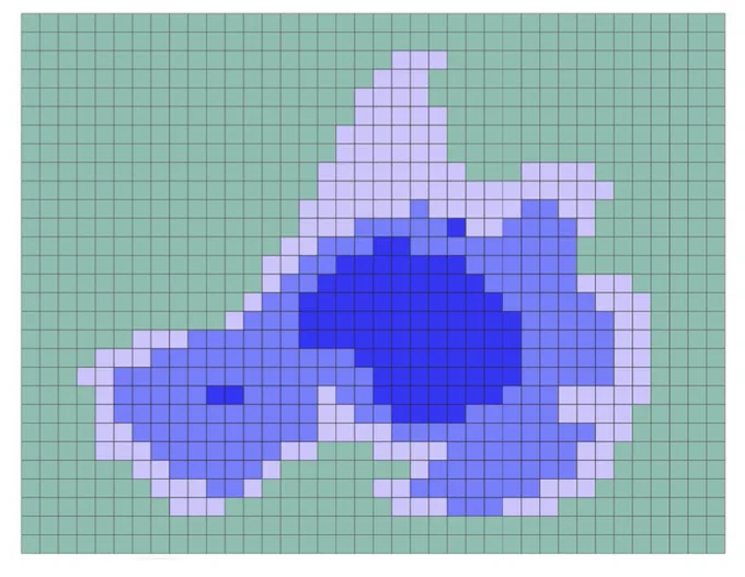 A grid of squares that outline lake Mendota and show deeper shades of blue at deeper depths. This is the crochet pattern for a map of Lake Mendota.
