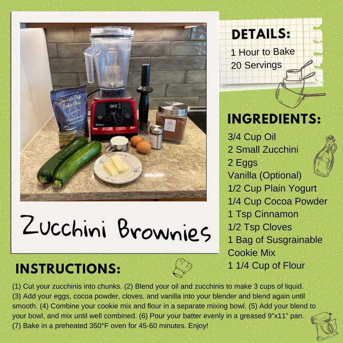 List of ingredients and baking instructions to bake zucchini brownies with details on the amount of servings and time to bake. 