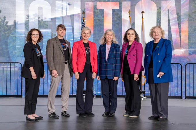 From left to right: NNSA Livermore Field Office Active Manager, Janis M. Parenti, NNSA Deputy Director for Defense Programs, The Honorable Marvin L. Adams, DOE Secretary of Energy, The Honorable Jennifer M. Granholm, Under Secretary for Nuclear Security and NNSA Administrator, The Honorable Jill M. Hruby, LLNL Laboratory Director, Kimberly S. Budil and Congresswoman, 18th District of California, U.S. House of Representatives, The Honorable Zoe E. Lofgren. 