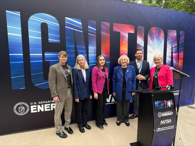 From left to right: NNSA Deputy Director for Defense Programs, The Honorable Marvin L. Adams, Under Secretary for Nuclear Security and NNSA Administrator, The Honorable Jill M. Hruby, LLNL Laboratory Director, Kimberly S. Budil, Congresswoman, 18th District of California, U.S. House of Representatives, The Honorable Zoe E. Lofgren, Congressman, 14th District of California, U.S. House of Representatives, The Honorable Eric M. Swalwell and DOE Secretary of Energy, The Honorable Jennifer M. Granholm.