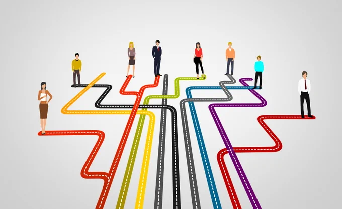 A group of multi-colored lines extends towards the back of the page, each line ending with clip art representing a different type of job seeker.