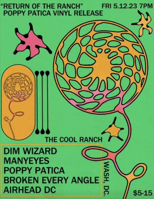 flyer for house show at Cool Ranch w/ Dim Wizard, Manyeyes, Poppy Patica, Broken Every Angle and Airhead DC