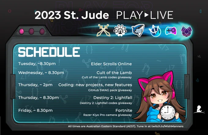 Twitch stream schedule for MishManners' St Jude PLAY LIVE campaign. Playing Elder Scrolls Online Tuesday night, Cult of the Lamb Wednesday night, Coding on Thursday, Destiny 2: Lightfall on Thursday, and Fortnite on Friday. Giving away game codes, GitHub SWAG, and a Razer camera.
