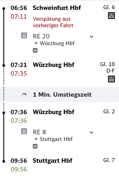 Screenshot der DB Navigator App.  Der Zug von Schweinfurt Hbf nach Würzburg Hbf hat Verspätung. Zum Umsteigen bleibt 1 Minute Zeit von Gleis 10 nach Gleis 2.  