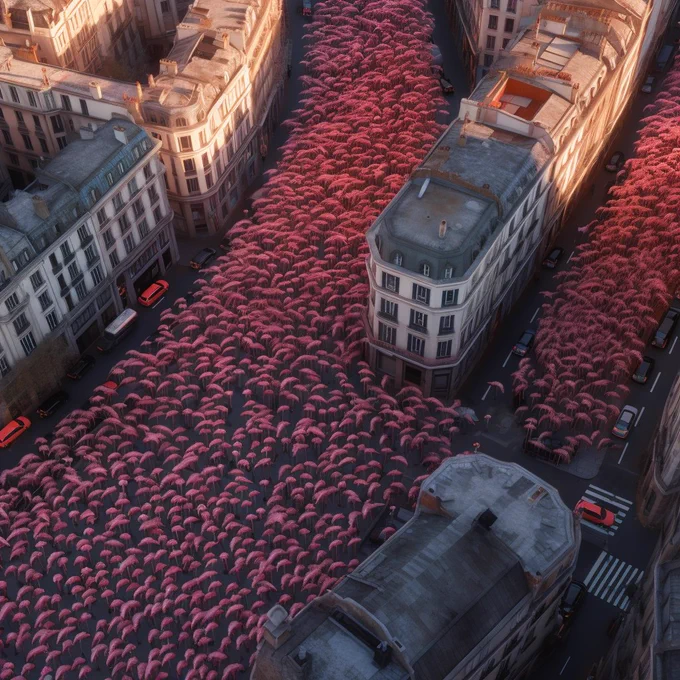 ultra 4K  Photorealistic capture of huge flock of flamingos flying over Paris. It takes places in a Street between narrow buildings. This a top down image . The light is golden --ar 4:5