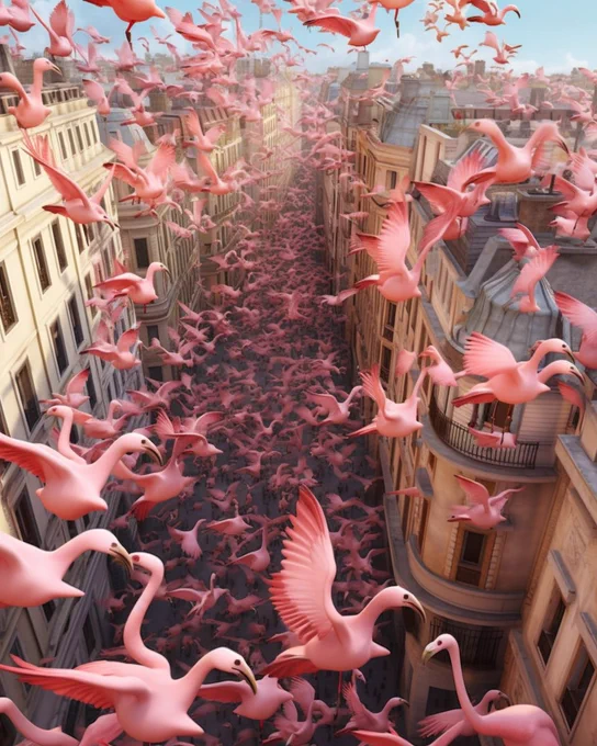 ultra 4K  Photorealistic capture of huge flock of flamingos flying over Paris. It takes places in a Street between narrow buildings. This a top down image . The light is golden --ar 4:5