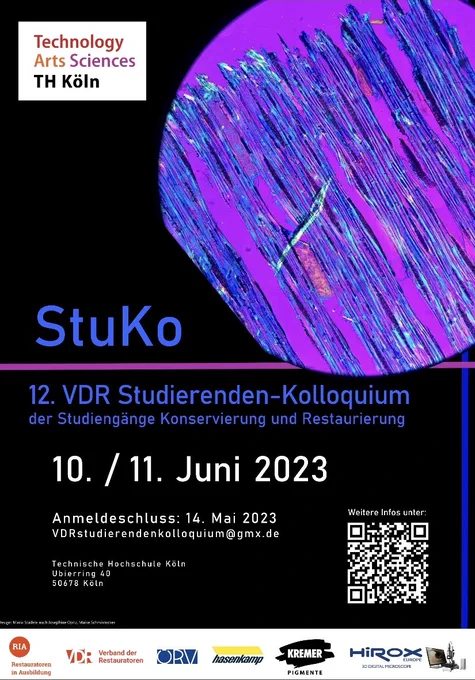 Plakat des 12. Studierendenkolloquium der Studiengänge Restaurierung und Konservierung. Die Veranstaltung findet am 10. und 11.06.2023 an der TH Köln statt.