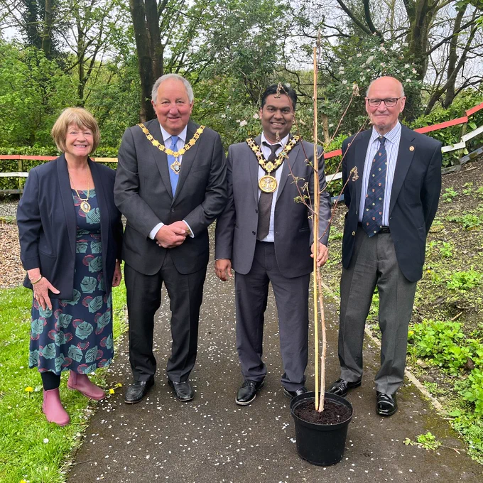 The Mayor of Rochdale Ali Ahmed, Deputy Mayor Michael Holly, Deputy Mayoress Margaret Holly and Deputy Lieutenant Ian Sandiford are ready to plant the Mountain Ash tree at Norden Jubilee Park.