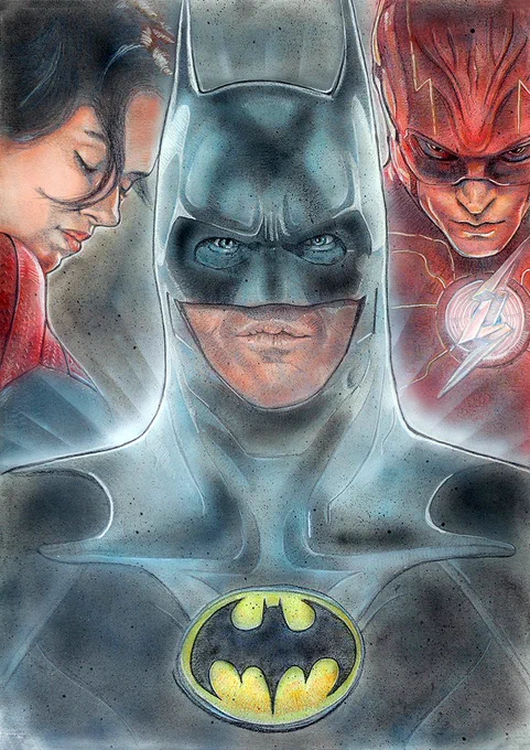 "The Batman from the Flash" Medium: Acrylic paints and colored pencil on gessoed board. Size: A3. Year: 2023.