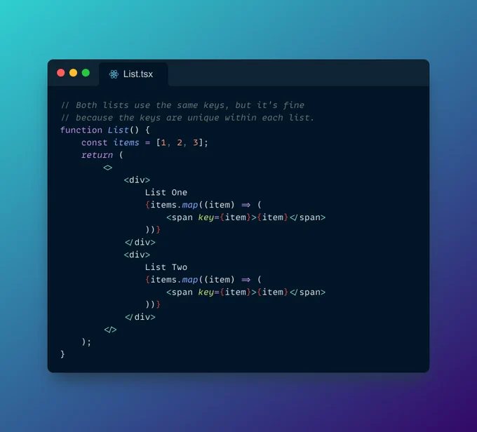 An example of having duplicate keys across two unique lists of JSX in React.