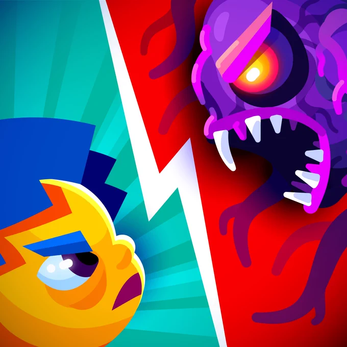 Split-Sceen Illustration shows a stern looking human on the left staring at a fierce cancer cell on the right