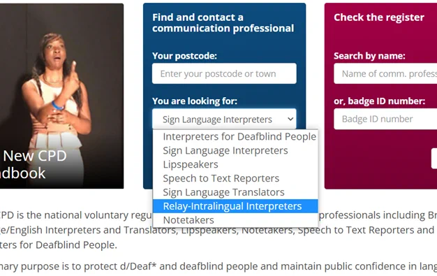 A screenshot of part of the NRCPD website's homepage showing the drop down menu for the blue box 'find and contact a communication professional'.