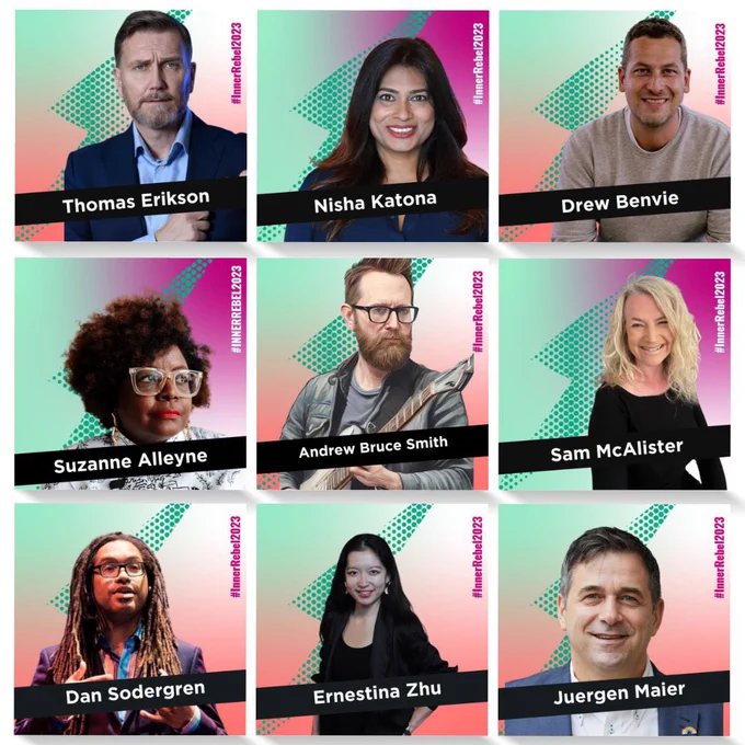 Nine photos of the speakers we have on our InnerRebel agenda.