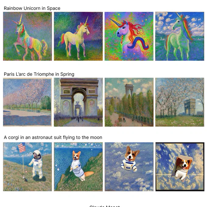 
4 images of space unicorns
4 images of L'arc de Triomphe in Spring
4 images of corgis in space
