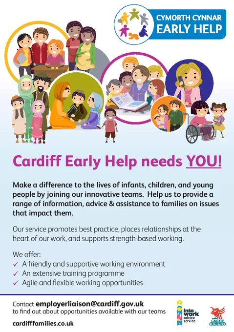 Cardiff Early Help Needs You.
Pop along to the  event at Grangetown Hub on Tuesday May 23, 11am to 2pm top find out about opportunities in the teams.
