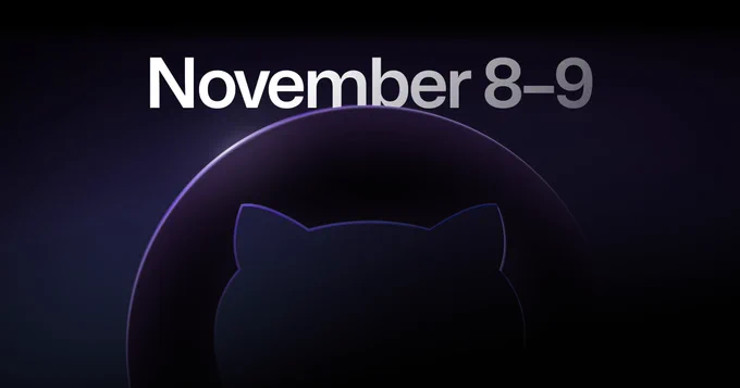 Image with text saying November 8-9 and outline of octocat. Save the date—GitHub Universe is returning virtually and in-person on November 8-9. 