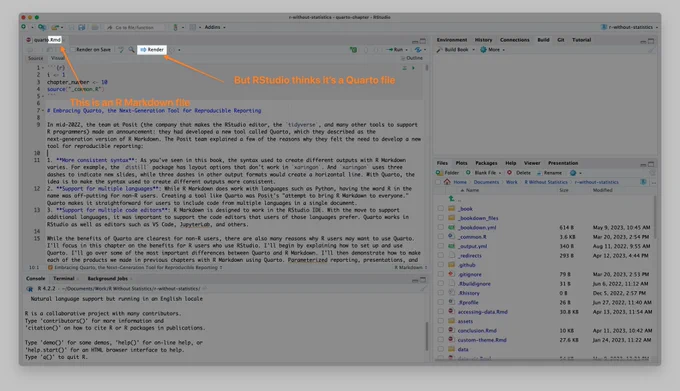 Screenshot of RStudio where it thinks an .rmd file is a .qmd file