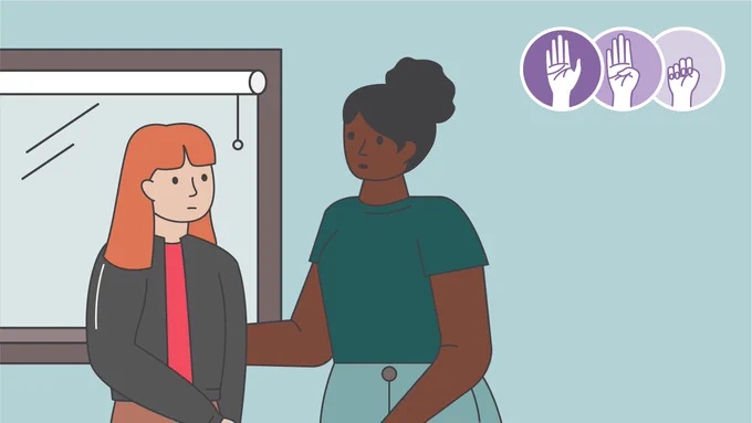 Illustration of two women having a conversation. The signal for help steps are at the top of the illustration: 1. Open Palm, 2. Tuck Thumb, 3. Trap Thumb 