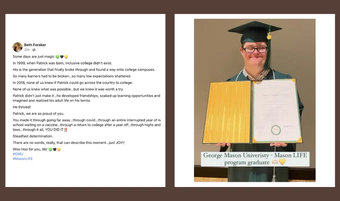 Side by side photos of Patrick Foraker next holding his college diploma in his graduation gown next to an email summary by his mother Beth Foraker.