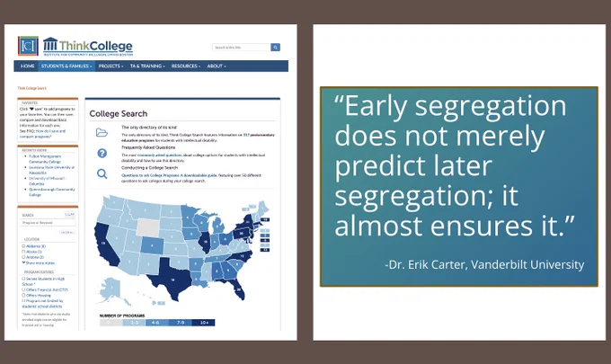 A screenshot of the Think College college search webpage next to a quote from Dr. Erik Carter.