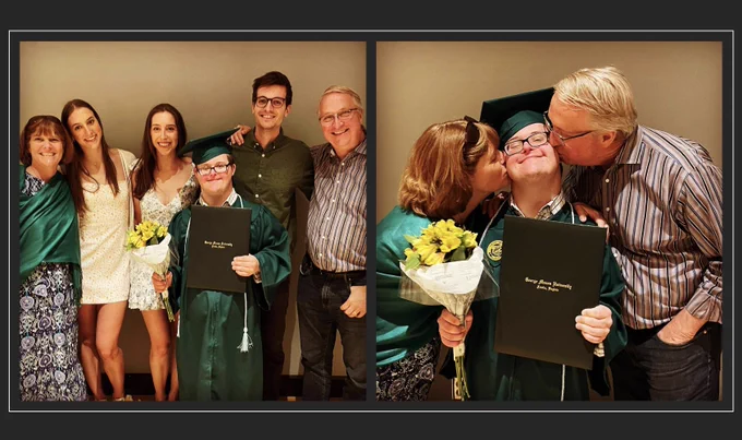 Two photos of the Foraker family celebrating Patrick's graduation from college.
