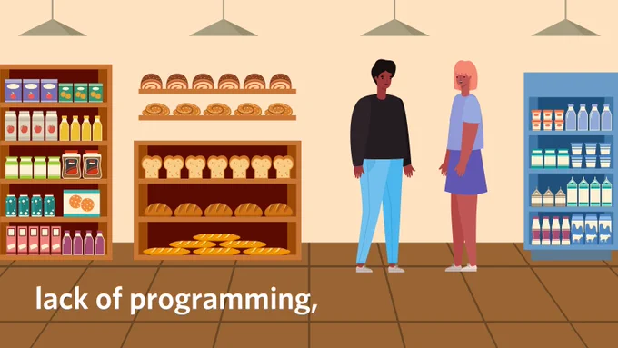 Lack of programming. Next to the text is the family member with intellectual disabilities in a grocery store with a PCA.