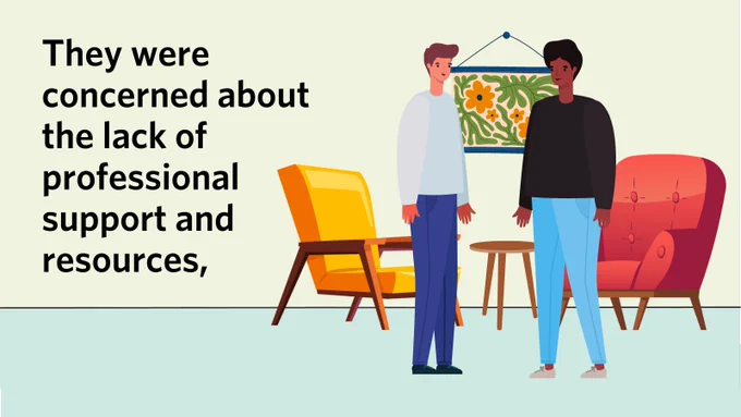 Text reads: "They were concerned about the lack of professional support and resources." Next to the text is the family member with intellectual disabilities standing next to a mental health practitioner.