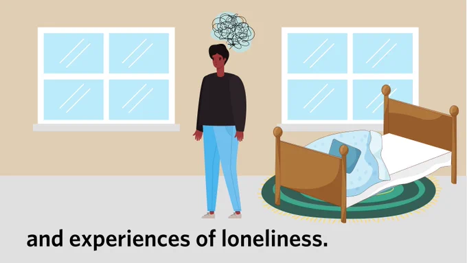 and experiences of loneliness. Next to the text is the family member with intellectual disabilities in his room by himself next to his unmade bed.