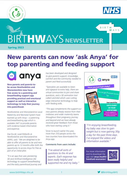 The image shows the front page of the Birthways spring newsletter with the headline 'New parents can now Ask Anya for top parenting and feeding support. An article on the Anya app follows.